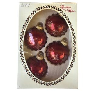 Krebs Vintage Glass Snowflake Ornaments Cranberry Red Christmas Crown Top Set 4